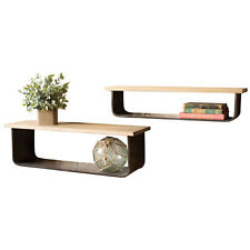 Industrial Minimalist Wood Metal Wall Shelf Set Two Open Double Shelves Rustic - US