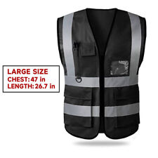 Black Safety Vest with Tool Pockets Reflective hi vis Construction Work Traffic