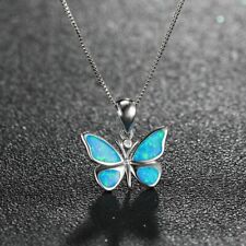 New Women Silver Blue Simulated Opal Butterfly Pendant Necklace Wedding Jewelry