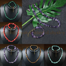 Natural Gemstone Irregular Gravel Chip Beaded Necklace Bracelet Jewelry Set 18''