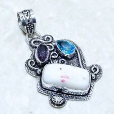 Cinnabar, Blue Topaz Gemstone Handmade Silver Jewelry Pendant 2.0 PRJ14390"