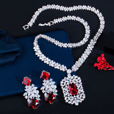 Square Leaf Cluster Necklace Earrings Set CZ Silver Plated Red Bridal Jewelry