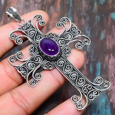 Cross Sage Amethyst Gemstone Handmade Gift Jewelry Pendant 3.35 e216"