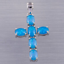 Latin Cross Oval Ocean Blue Fire Opal Cabochon Silver Jewelry Necklace Pendant