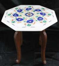 18 White Marble Table Top semi precious stones Inlay work With Wooden Stand"