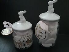 NWT 2 Bunny Canisters Cotton Swab Pads Girl Baby Shower Gift Bathroom Item