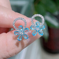 Holiday Jewelry Flower Shiny Ocean Blue Topaz Gems Silver Women Stud Earrings