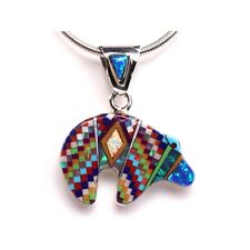 Southwestern Micro Inlay Bear Pendant - Sterling Silver Jewelry - One of a Kind