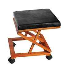 Folding Foot Stool Ottoman, Wheels Adjustable Height Wooden Foot Rest, Leather