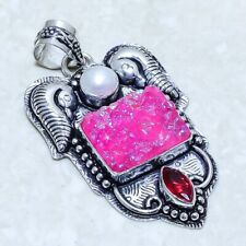 Pink Titanium Druzy, Garnet Gemstone Silver Jewelry Pendant 2.2 PRJ14347"