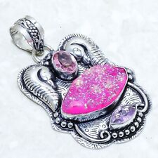 Pink Titanium Druzy, Kunzite Gemstone Silver Jewelry Pendant 2.0 PRJ12549"