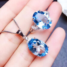 2pcs Jewelry Set Titantic Sky Blue Topaz Gems Silver Women Necklace Pendant Ring