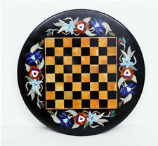 18'' Black Marble Chess Table Top Pietra Dura Inlay Malachite Children Game c27