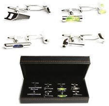 Construction Builder Tools Saw Level Hammer 4 Pairs Cufflinks Fancy Gift Box