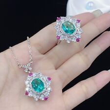 New 2pc Set Paraiba Green Charm Color Gemstone Women Girl Silver Necklace Ring