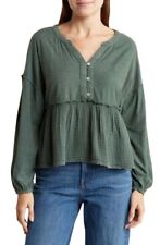 Lucky Brand Henley Peplum Top V-Neck Balsam Green Size Large NEW