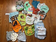 Huge Lot Of Baby Boy Items Blankets, Burp Cloths, Hats, Bibs Toy, Mitts Assorted