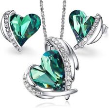 Fashion Unique Green Color Heart Pendant Silver Necklace Earring Jewelry Set