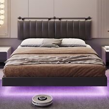 King Floating Bed Frame with LED Lights,Wall Mounted Headboard Modern Upholstere - Rancho Cucamonga - US