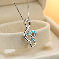 Trendy Silver Blue Simulated Opal Heart-Shaped Note Pendant Necklace Jewelry