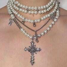 Punk Gothic Cross Layered Pearl Rose Necklace Choker Collarbone Chain Jewelry