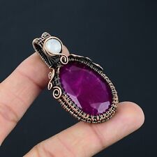 Ruby Lab-Created , Moonstone Gemstone Handmade Copper Wire Wrap Jewelry Pendant