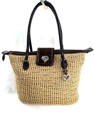 Brighton Jute Raffia Woven Shoulder Bag Brown Leather Woven Handles Heart Charm