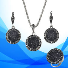 4PCS Black Jewelry Set with Drusy Rhinestone Pendant Necklace Earrings Ring for