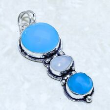 Blue Onyx, Moonstone Gemstone Handmade Silver Jewelry Pendant 2.4 PRJ14302"