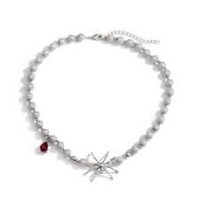 Spiders Pendant Necklace with Reflective Pearls Rubies Charm Choker Jewelry