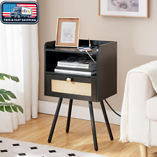 Nightstand with Charging Station HOOBRO Black Rattan Modern Minimalist - Mumbai - India