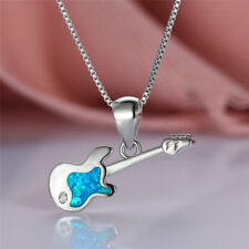 Womens Silver Charm Simulated Opal Guitar Pendant Necklace Wedding Jewelry