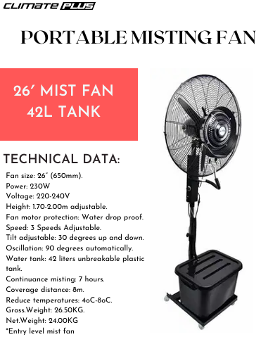 Portable misting fans with 42L tank