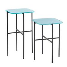 Set of 2 Square Minimalist Ice Blue Glass Top Accent Tables Pedestal Modern - Mumbai - India