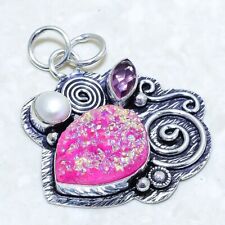 Pink Titanium Druzy, Pearl Gemstone Ethnic Silver Jewelry Pendant 1.7 PRJ12908"