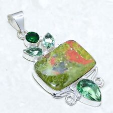 Unakite, Green Amethyst Gemstone Handmade Silver Jewelry Pendant 2.6 PRJ12870"