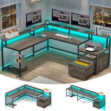 66L Shaped Home Office Furniture Desk with Drawers Gaming Desk with LED Lights"