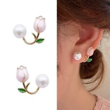 Luxury Pink Tulip Flower Pearl Stud Earrings Korean Zircon Jewelry Women Gift