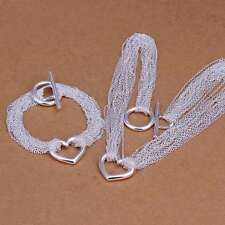 Fashion 925Sterling Solid Silver Chain Heart Bracelet Necklace Jewelry Sets S070