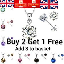 Womens 925 Silver Cubic Zirconia Crystal Necklace Pendant Stud Earring Set *UK*