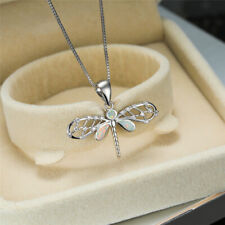 Fashion Silver White Simulated Opal Zircon Dragonfly Pendant Necklace Jewelry