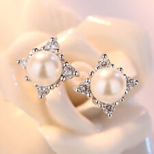 925 Sterling Silver Stud Earrings Crystal Pearl Flowers Womens Earrings Jewelry