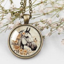 Horse and Flowers Cabochon Glass Pendant Necklace, Jewelry gift, Horse Necklace