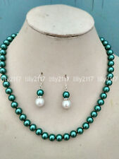 Fashion 8mm Green Akoya Shell Pearl round beads Jewelry Necklace Earrings set