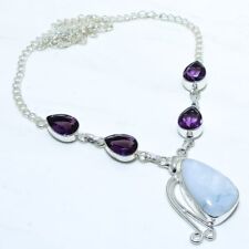 Rainbow Moonstone, Amethyst Gemstone Silver Jewelry Necklace 18 NRJR3707"