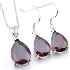 Water Drop 2 Pcs 1 Lot Natural Fire Red Garnet Gems Silver Pendant Earrings Set