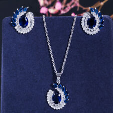 Royal Blue Cubic Zirconia CZ Stone Leaf Necklace Earrings Jewelry Sets for Women