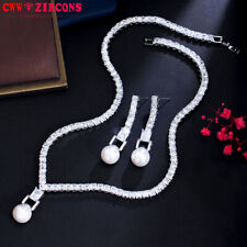 Top White Gold Plated CZ Drop Pearl Necklace Earrings Cocktail Party Jewelry Set