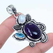 African Amethyst, Rainbow Moonstone Silver Jewelry Pendant 2.2 PRJ17433"