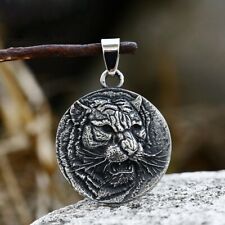 Powerful Fierce Tiger Round Tag Necklace Pendant Stainless Steel Mens Jewelry